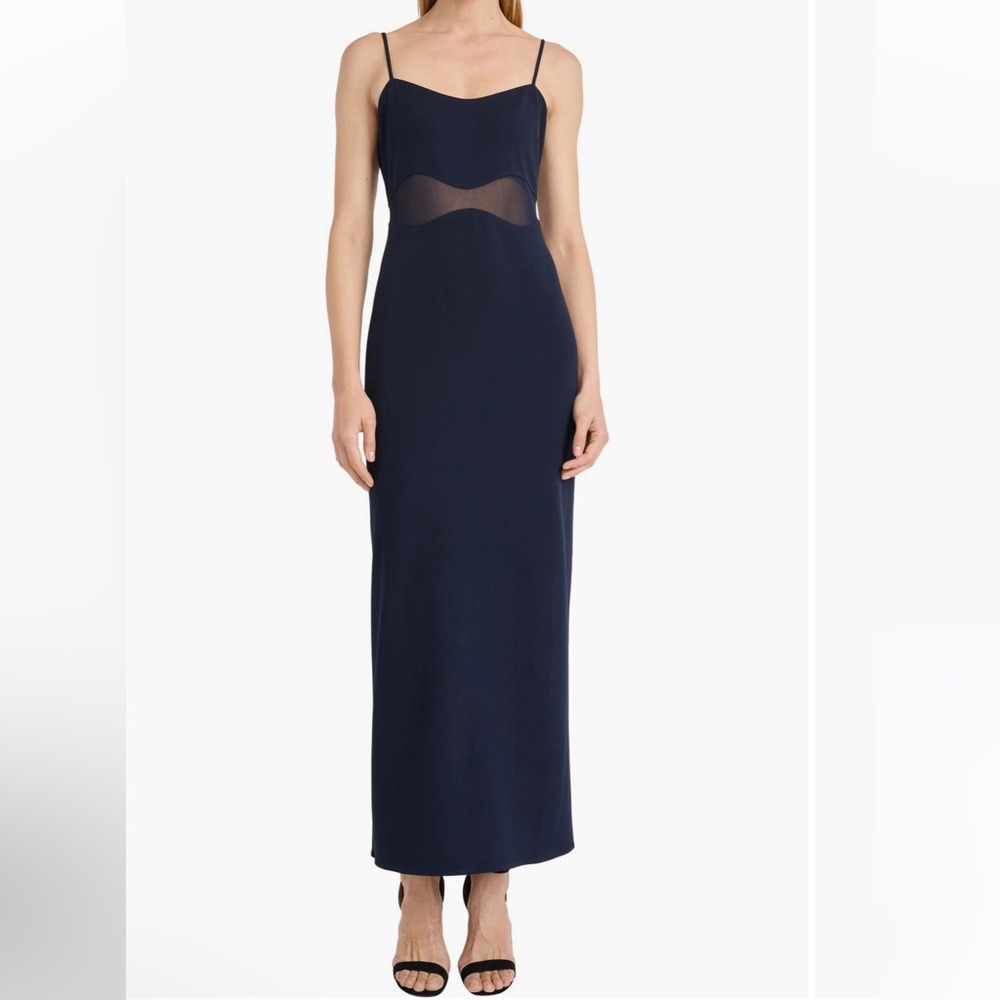 Donna Morgan for Maggy wavy mesh panel maxi dress in navy
